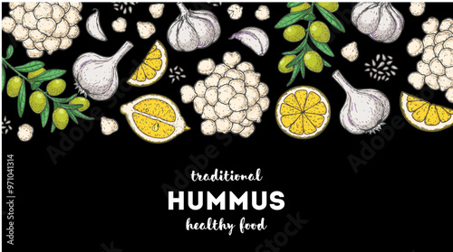 Hummus packaging design template. Cooking and ingredients for hummus. Sketch illustration. Middle eastern cuisine frame. Healthy food recipe, design elements. Hand drawn, package design