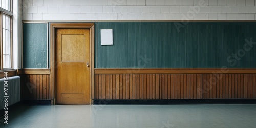 A quiet classroom featuring a wooden door and green chalkboard, ideal for educational and nostalgic themes.