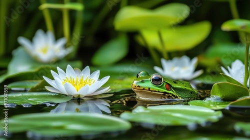 Frog resting peacefully on the surface of a still pond surrounded by water lilies and lush green plants, reflecting natural serenity photo