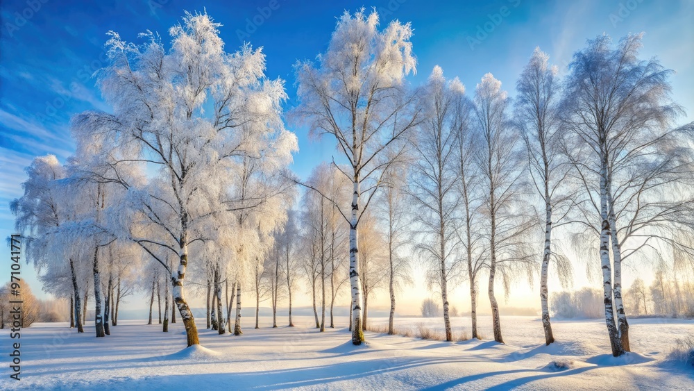Delicate white birch trees stand tall amidst a serene winter landscape, their slender branches etched against a soft blue sky with gentle snowfall. Delicate white birch trees stand tall amidst a serene winter landscape, their slender branches etched against a soft blue sky with gentle snowfall.