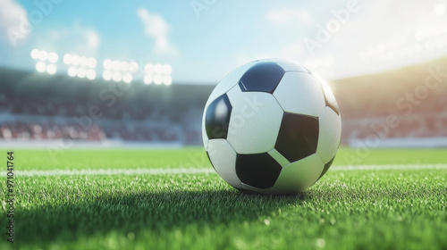 3D realistic football with tournament league sports background. 