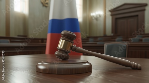 Judiciary theme with judge's gavel in courtroom and russian flag - legal justice concept photo