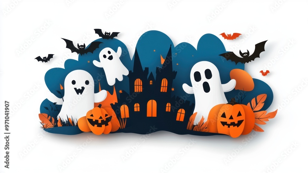 Fototapeta premium A whimsical Halloween scene featuring playful ghosts, pumpkins, bats, and a haunted castle, perfect for festive decorations.