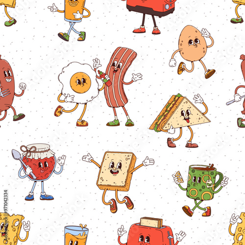 Groovy breakfast characters seamless pattern. Vector tile background with funny retro bacon, egg, toast, sandwich, jam jar and beverage cups or cheese slice with cheerful expressions and playful poses