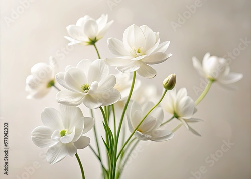 Delicate white petals unfold from a slender stem, set against a soft, creamy background, evoking serenity and simplicity in this elegant, minimalist floral composition.