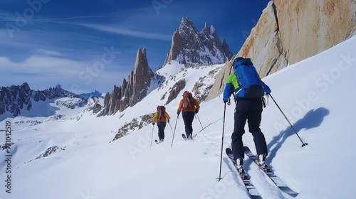 Backcountry Skiers Ascending Steep Snowy Mountain Slopes in Remote High Alpine Terrain on a Clear Winter Day photo