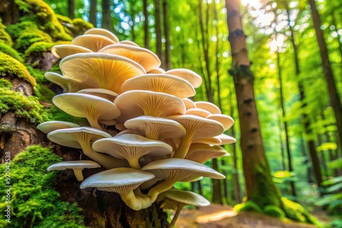 Delicate white polypore shelf mushrooms with soft, rounded caps and sturdy stems grow in a lush, vibrant forest, surrounded by rich green foliage and moss. photo