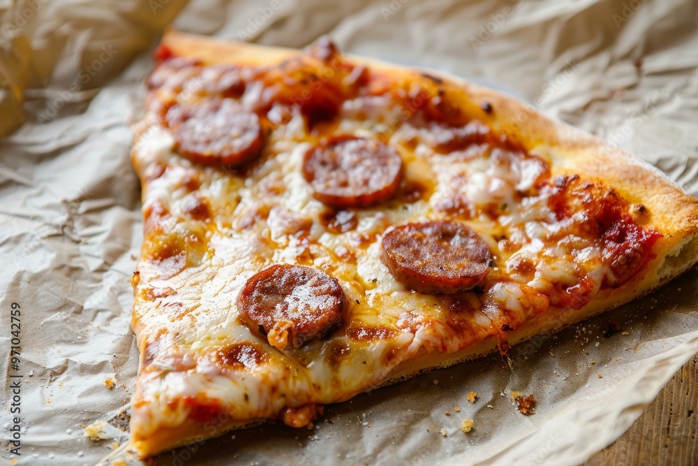 Single slice of pepperoni pizza is sitting on a piece of brown baking paper Single slice of pepperoni pizza is sitting on a piece of brown baking paper