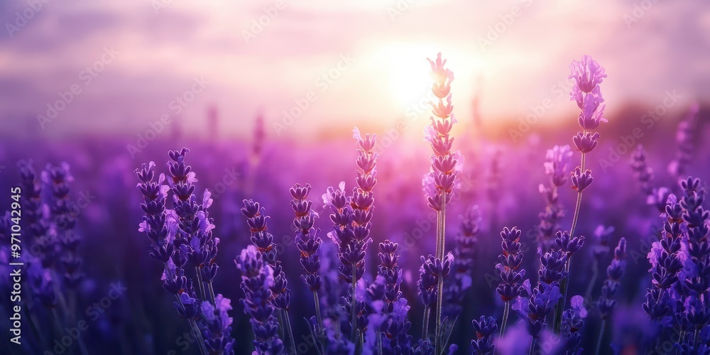 Naklejka premium A serene lavender field basking in the golden glow of sunset, showcasing vibrant purple blooms against a colorful sky.