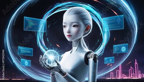 A futuristic robot girl with an electronic brain, surrounded by holographic data, illustrates AI's role in shaping sci-fi and modern robotics. Made with generative AI technology photo