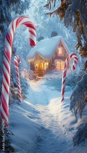 Magical Snowy Cottage Surrounded by Candy Canes in an Enchanted Forest with Festive Christmas Lights