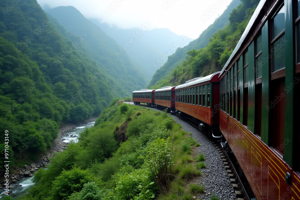 Fototapeta premium a train is traveling down the tracks in the mountains.