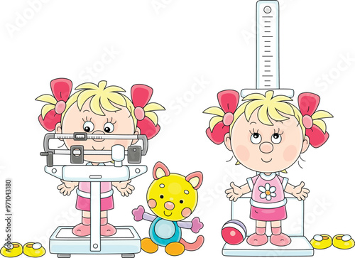 Little girl measuring height and weight during medical examination in a pediatric polyclinic, vector cartoon illustration isolated on a white background