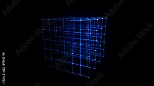 Abstract blue cube on black background. Wireframe square structure with glowing particles and lines. Futuristic digital illustration. 3D rendering.