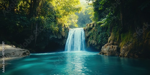 A serene waterfall cascades into a tranquil pool, surrounded by lush greenery, creating a perfect retreat for nature lovers.