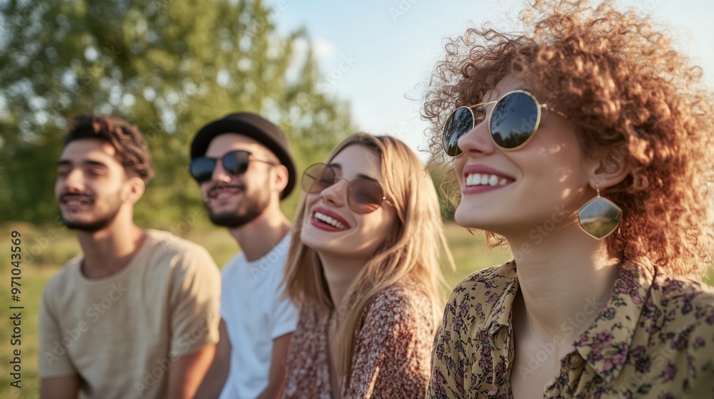 Multicultural friends enjoying a spring day outdoors - perfect for seasonal greeting cards and spring campaigns Multicultural friends enjoying a spring day outdoors - perfect for seasonal greeting cards and spring campaigns