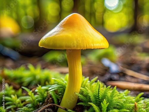 Detail that topises a bright yellow trumpet shaped mushroom with its bell that unf unf and and or top tippelling out in a d I that It standing on nature brown or top green. photo