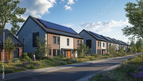 Modern sustainable housing with solar panels on terraced homes in spring setting