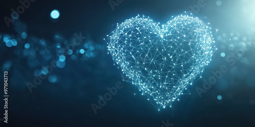 A shimmering heart made of glowing connections, representing love and technology in a digital universe.