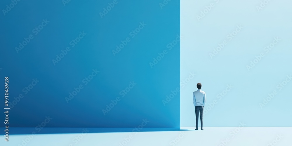 A solitary figure stands before a large blue wall, symbolizing contemplation, solitude, and introspection in a minimalistic setting. A solitary figure stands before a large blue wall, symbolizing contemplation, solitude, and introspection in a minimalistic setting.