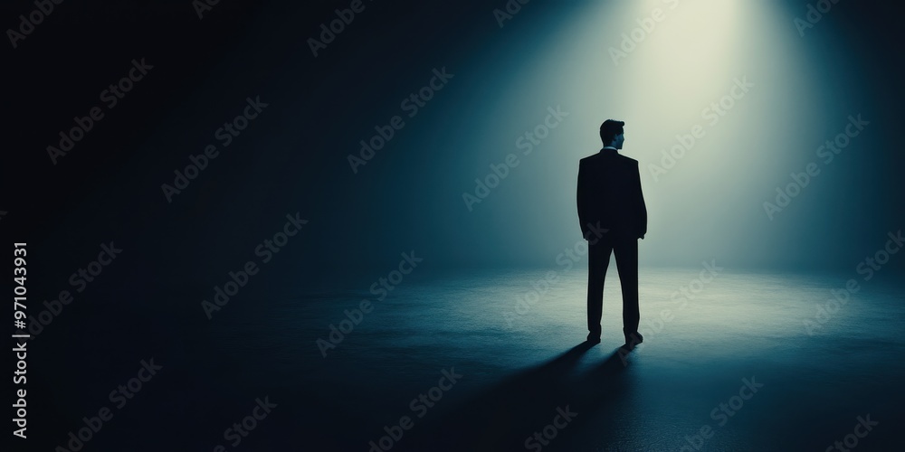 A solitary figure stands in a dark space, illuminated by a single beam of light, evoking a sense of mystery and contemplation. A solitary figure stands in a dark space, illuminated by a single beam of light, evoking a sense of mystery and contemplation.