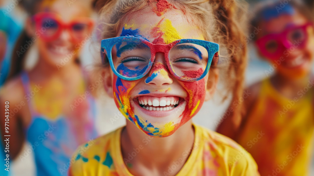 Children joyfully celebrating with vibrant colored powders during a fun outdoor festival on a sunny day Children joyfully celebrating with vibrant colored powders during a fun outdoor festival on a sunny day