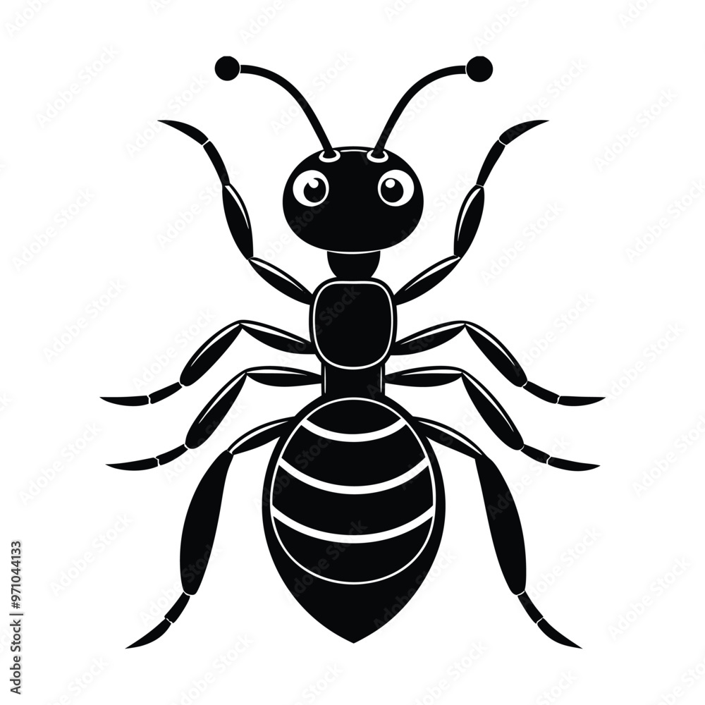 Black and white illustration, cartoon ant character, stylized insect design, simple geometric shapes, bold outlines, large expressive eyes, antenna, segmented body, Black and white illustration, cartoon ant character, stylized insect design, simple geometric shapes, bold outlines, large expressive eyes, antenna, segmented body,