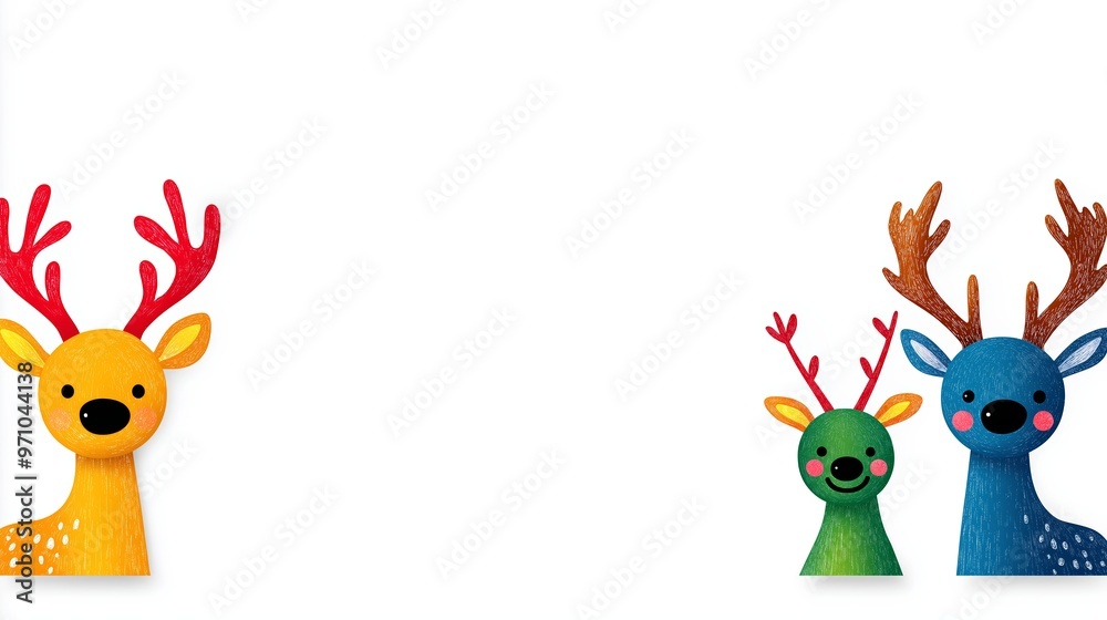 Naklejka premium Three deer are standing in front of a white background. The deer are of different colors and sizes