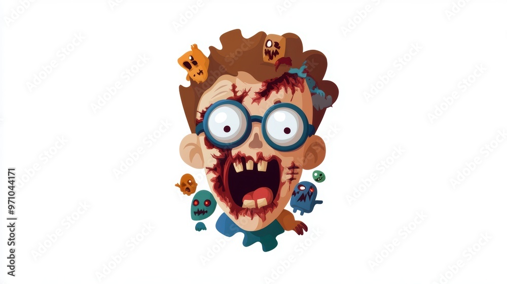 A cartoonish zombie boy with wild hair, big glasses, and a terrified expression surrounded by spooky creatures. A cartoonish zombie boy with wild hair, big glasses, and a terrified expression surrounded by spooky creatures.