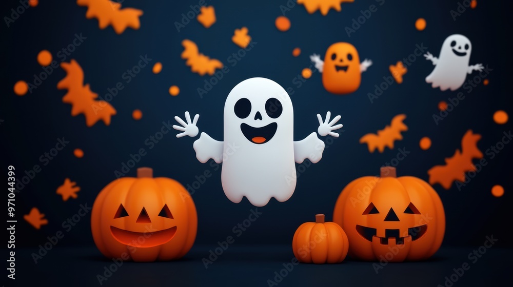 A cheerful ghost floats among vibrant pumpkins, celebrating the fun and spooky spirit of Halloween in a colorful setting. A cheerful ghost floats among vibrant pumpkins, celebrating the fun and spooky spirit of Halloween in a colorful setting.