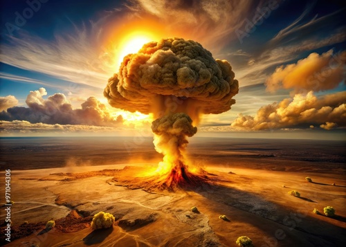 Dramatic high-angle view of massive nuclear explosion, intense orange and yellow plume rising from deserted terrain, casting long ominous shadow. photo