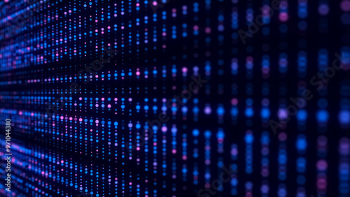 Abstract structure of blue dots with light on a black background. Science backdrop with moving particles. Digital transfer of big data. 3d rendering.