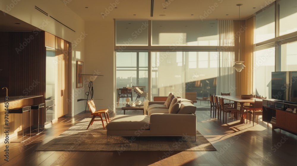 Modern open plan living room bathed in morning sunlight Modern open plan living room bathed in morning sunlight