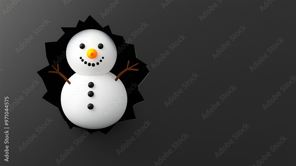 A snowman is standing in a hole in a wall. The snowman is smiling and has a carrot nose A snowman is standing in a hole in a wall. The snowman is smiling and has a carrot nose