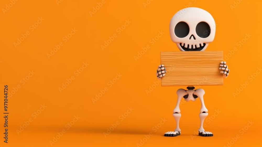 A cheerful skeleton holds a wooden sign against a vibrant orange background, perfect for Halloween or festive themes. A cheerful skeleton holds a wooden sign against a vibrant orange background, perfect for Halloween or festive themes.