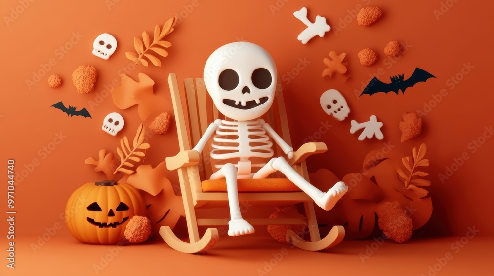 A cheerful skeleton in a rocking chair surrounded by Halloween decorations, evoking a fun and festive autumn vibe. A cheerful skeleton in a rocking chair surrounded by Halloween decorations, evoking a fun and festive autumn vibe.