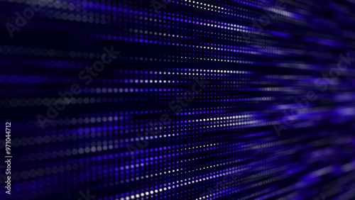 Abstract structure of blue dots with light on a black background. Science backdrop with moving particles. Digital transfer of big data. 3d rendering.