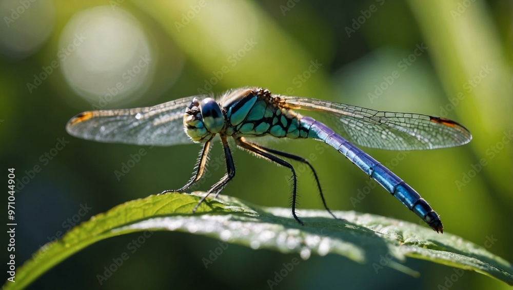 Delicate Dragonfly on Leaf - Iridescent Wings Shimmering in Sunlight Delicate Dragonfly on Leaf - Iridescent Wings Shimmering in Sunlight