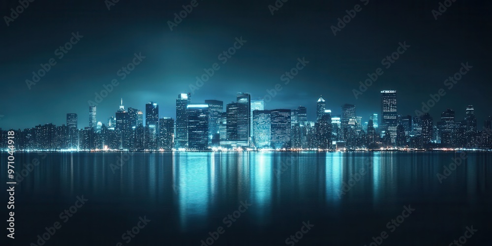 A stunning night cityscape with glowing skyscrapers reflected in calm water under a moody blue sky, perfect for urban themes. A stunning night cityscape with glowing skyscrapers reflected in calm water under a moody blue sky, perfect for urban themes.