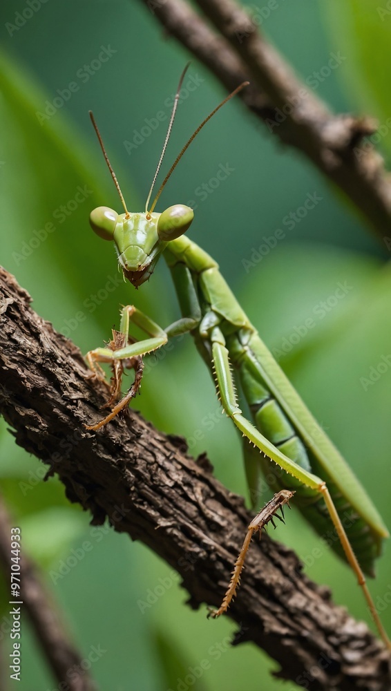 Delicate Green Praying Mantis on Leafy Branch - Spiked Forelegs Folded Delicate Green Praying Mantis on Leafy Branch - Spiked Forelegs Folded