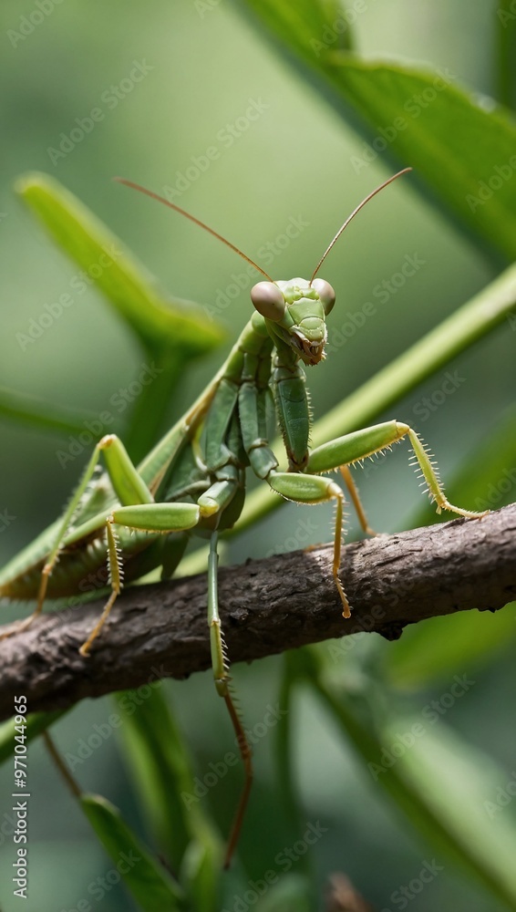 Delicate Green Praying Mantis on Leafy Branch - Spiked Forelegs Folded Delicate Green Praying Mantis on Leafy Branch - Spiked Forelegs Folded