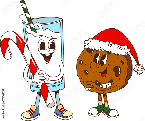 Retro groovy Christmas milk, chocolate characters for winter holiday, vector cartoon funny sweets. Groovy funky chocolate cookie in Santa hat and milk glass with candy cane and happy smile on face