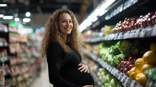 Pregnant businesswoman smiling in grocery aisle for spring lifestyle imagery