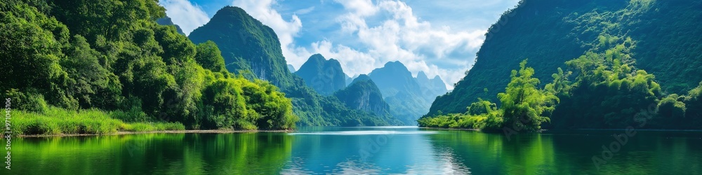 A beautiful mountain range with a river running through it. The water is calm and clear, reflecting the surrounding trees and mountains. The scene is peaceful and serene, with the lush greenery A beautiful mountain range with a river running through it. The water is calm and clear, reflecting the surrounding trees and mountains. The scene is peaceful and serene, with the lush greenery