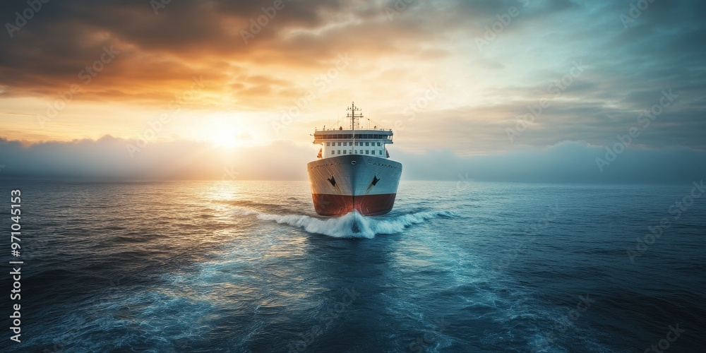 Fototapeta premium A stunning view of a ship sailing through calm waters at sunset, showcasing the beauty of maritime travel and serene oceans.