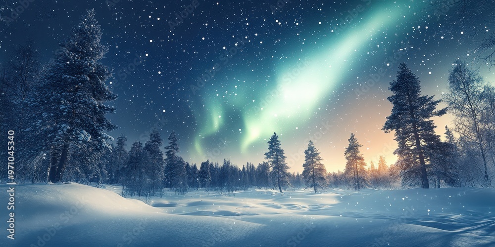 Fototapeta premium A stunning winter landscape showcasing the magical aurora borealis illuminating a starry night over snow-covered trees.