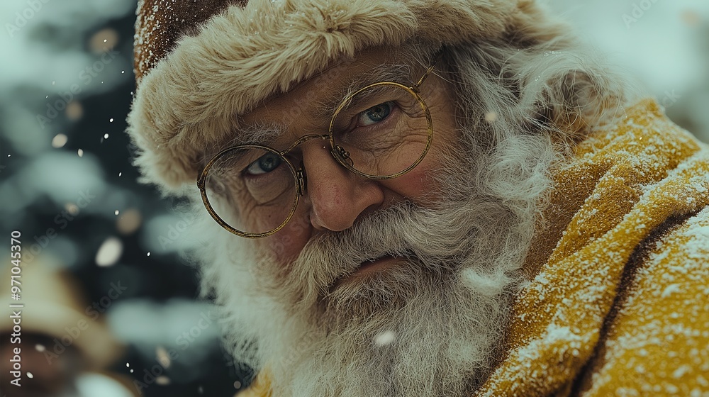 A man in a Santa hat and glasses is covered in snow. He looks sad and is wearing a yellow jacket