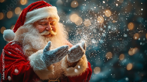 A smiling Santa Claus is blowing snow on a child. The scene is festive and joyful, capturing the spirit of the holiday season photo