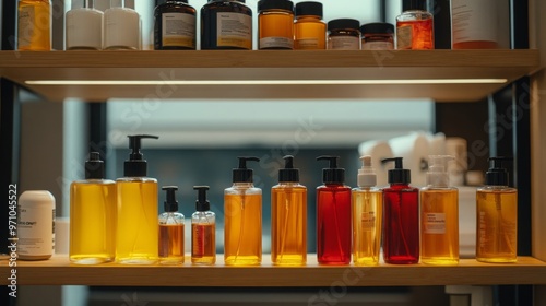 Glass Bottles with Dispensers on Wooden Shelf