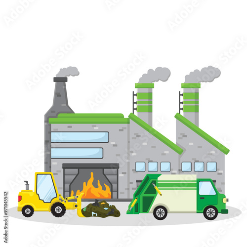 concept illustration of a waste incineration factory, waste processing factory, waste recycling factory, flat style vector illustration.